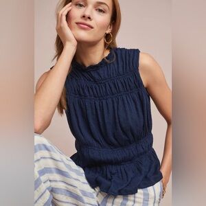 NWT ERI + ALI Anthropologie Selina Smocked Top Size Large‎ Navy Blue Office Work